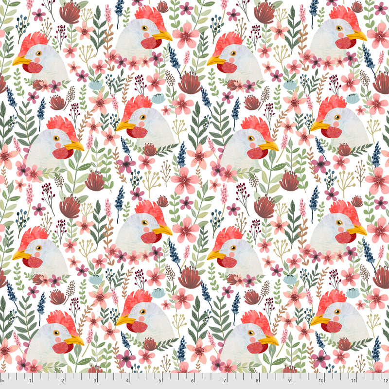 Farm Friends - Floral Chicken - White - designed by Mia Charro for FreeSpirit Fabrics