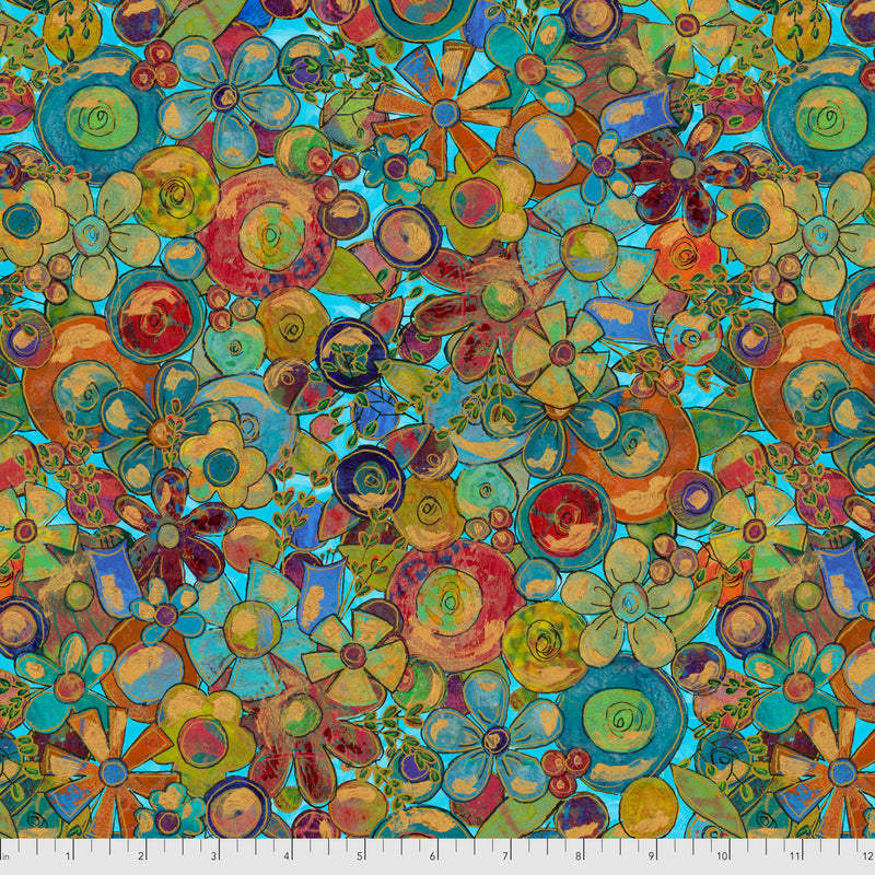 Sue Penn - Flourish - Blossoms - Teal - FreeSpirit Fabrics - Digitally Printed